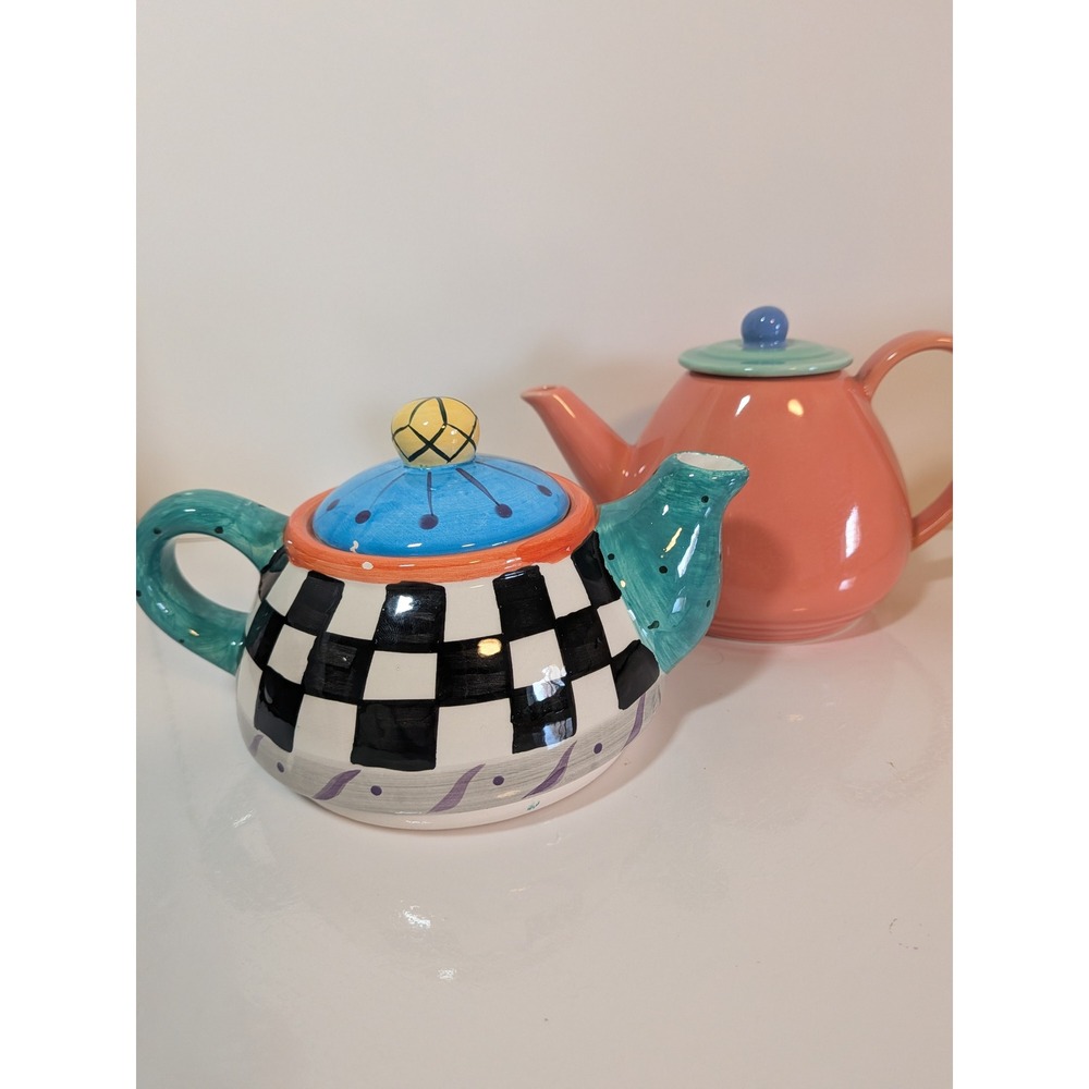 Ceramic Teapot Set Checkered Harlequin & Coral Pink Hand Painted Whimsical Decor